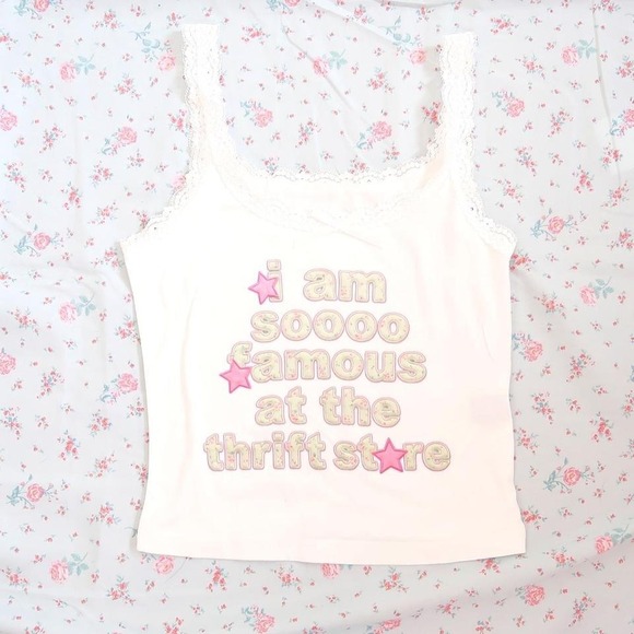 Tops - i am so famous at the thrift store cami lace trim baby tee y2k